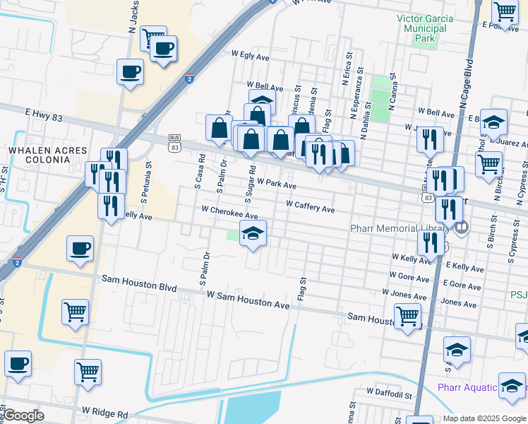 map of restaurants, bars, coffee shops, grocery stores, and more near 805 West Caffery Avenue in Pharr