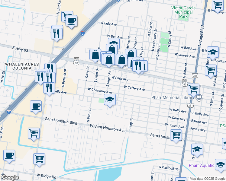 map of restaurants, bars, coffee shops, grocery stores, and more near 915 West Caffery Avenue in Pharr