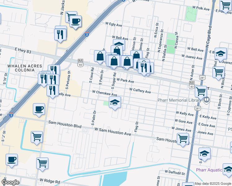 map of restaurants, bars, coffee shops, grocery stores, and more near 915 West Caffery Avenue in Pharr
