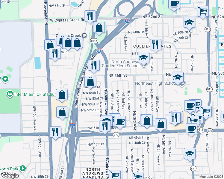 map of restaurants, bars, coffee shops, grocery stores, and more near 5441 Northeast 55th Street in Oakland Park