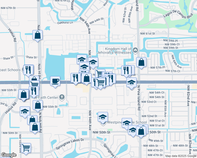 map of restaurants, bars, coffee shops, grocery stores, and more near 9399 West Commercial Boulevard in Sunrise