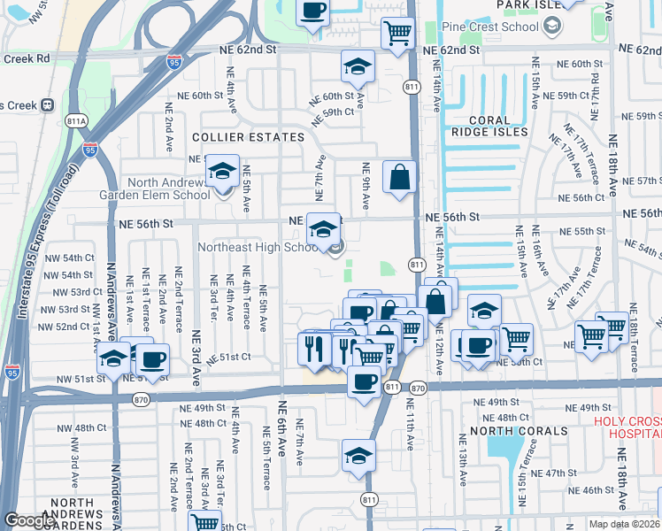 map of restaurants, bars, coffee shops, grocery stores, and more near 700 Northeast 56th Street in Oakland Park