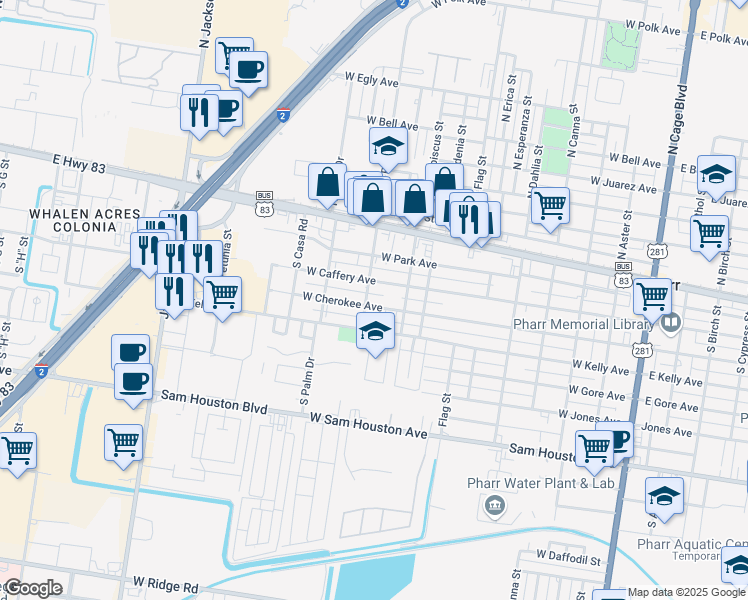 map of restaurants, bars, coffee shops, grocery stores, and more near 915 West Caffery Avenue in Pharr