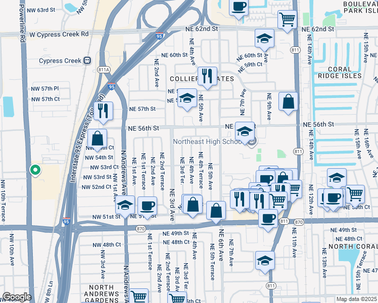 map of restaurants, bars, coffee shops, grocery stores, and more near 5424 Northeast 3rd Terrace in Fort Lauderdale