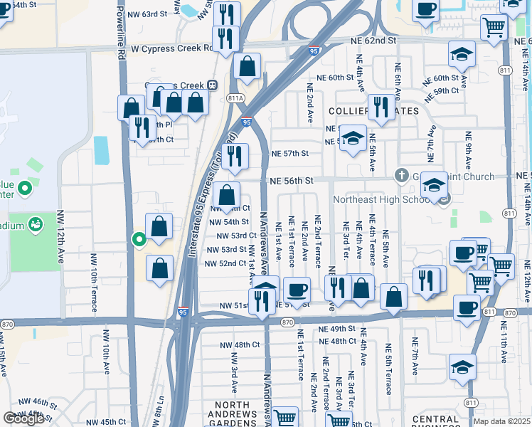 map of restaurants, bars, coffee shops, grocery stores, and more near 5441 Northeast 55th Street in Oakland Park