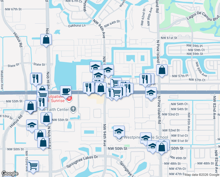 map of restaurants, bars, coffee shops, grocery stores, and more near 9399 West Commercial Boulevard in Sunrise