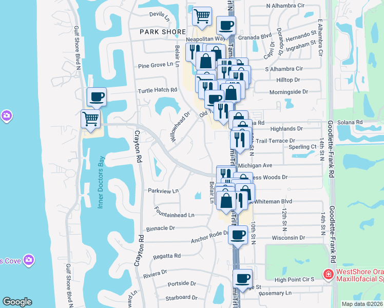 map of restaurants, bars, coffee shops, grocery stores, and more near 4019 Old Trail Way in Naples