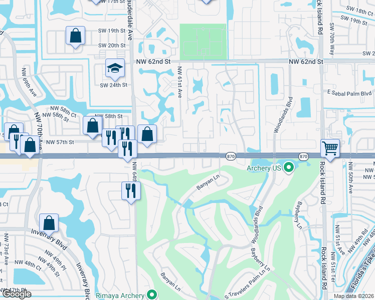 map of restaurants, bars, coffee shops, grocery stores, and more near 5973 Northwest 56th Court in Tamarac