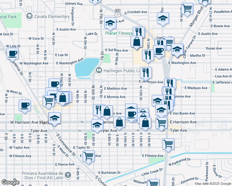 map of restaurants, bars, coffee shops, grocery stores, and more near in Harlingen