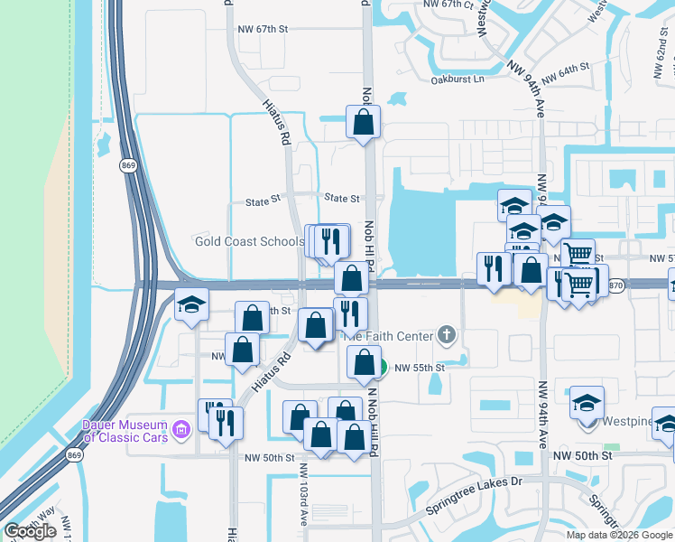 map of restaurants, bars, coffee shops, grocery stores, and more near 10121 West Commercial Boulevard in Tamarac