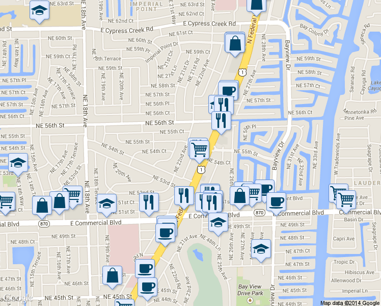 map of restaurants, bars, coffee shops, grocery stores, and more near 16 Northeast 22nd Terrace in Fort Lauderdale