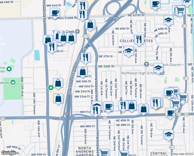 map of restaurants, bars, coffee shops, grocery stores, and more near 5441 Northeast 55th Street in Oakland Park
