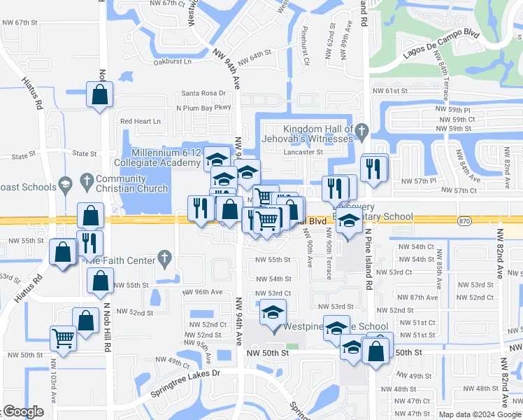 map of restaurants, bars, coffee shops, grocery stores, and more near 9399 West Commercial Boulevard in Sunrise