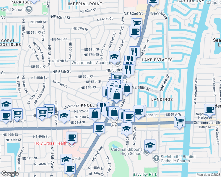 map of restaurants, bars, coffee shops, grocery stores, and more near 16 Northeast 22nd Terrace in Fort Lauderdale