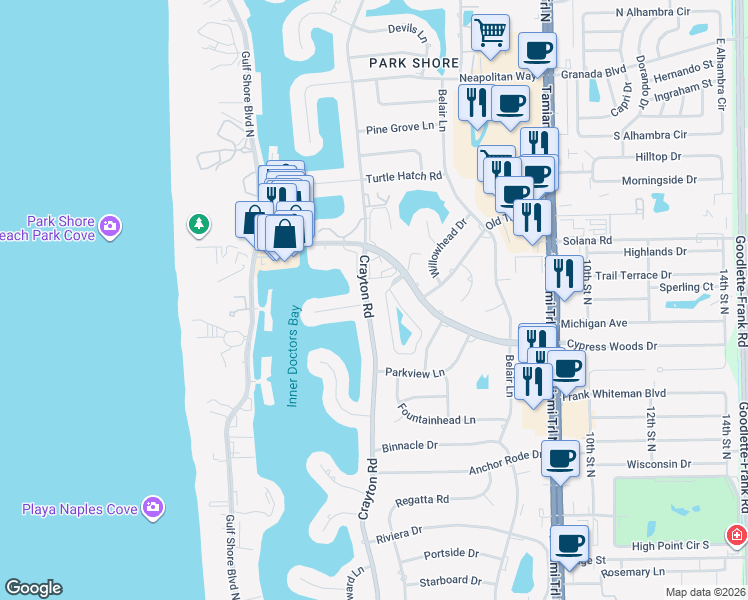 map of restaurants, bars, coffee shops, grocery stores, and more near 389 Neptunes Bight in Naples