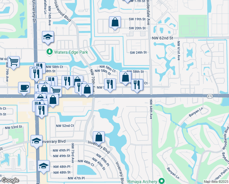 map of restaurants, bars, coffee shops, grocery stores, and more near 6701 West Commercial Boulevard in Tamarac