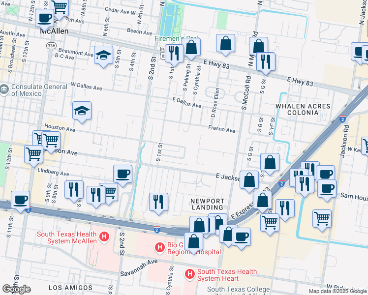 map of restaurants, bars, coffee shops, grocery stores, and more near 600 East Houston Avenue in McAllen