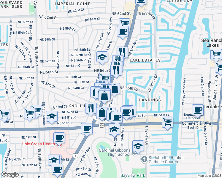 map of restaurants, bars, coffee shops, grocery stores, and more near 5498 North Federal Highway in Fort Lauderdale