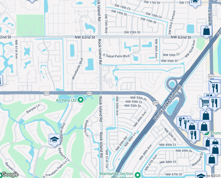 map of restaurants, bars, coffee shops, grocery stores, and more near 5628 Rock Island Road in Tamarac
