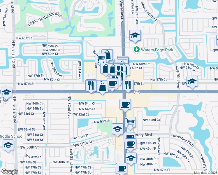 map of restaurants, bars, coffee shops, grocery stores, and more near 7807 West Commercial Boulevard in Tamarac