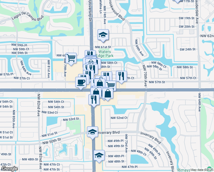 map of restaurants, bars, coffee shops, grocery stores, and more near 7401 West Commercial Boulevard in Tamarac