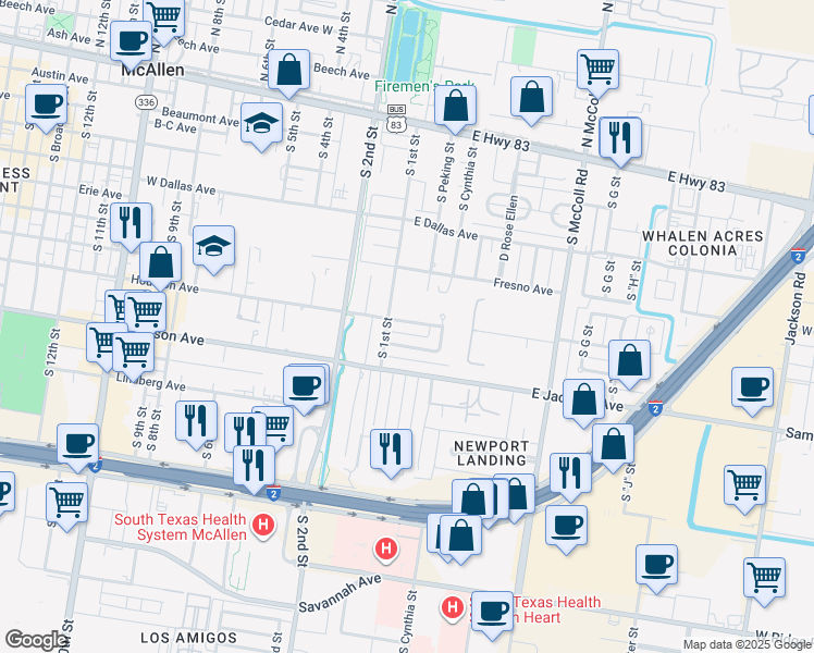 map of restaurants, bars, coffee shops, grocery stores, and more near 106 East Houston Avenue in McAllen