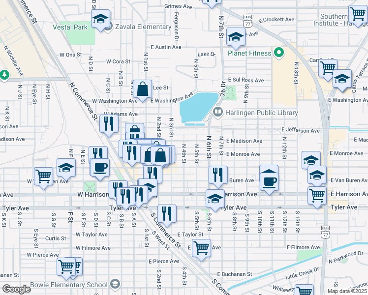map of restaurants, bars, coffee shops, grocery stores, and more near 248 North 4th Street in Harlingen