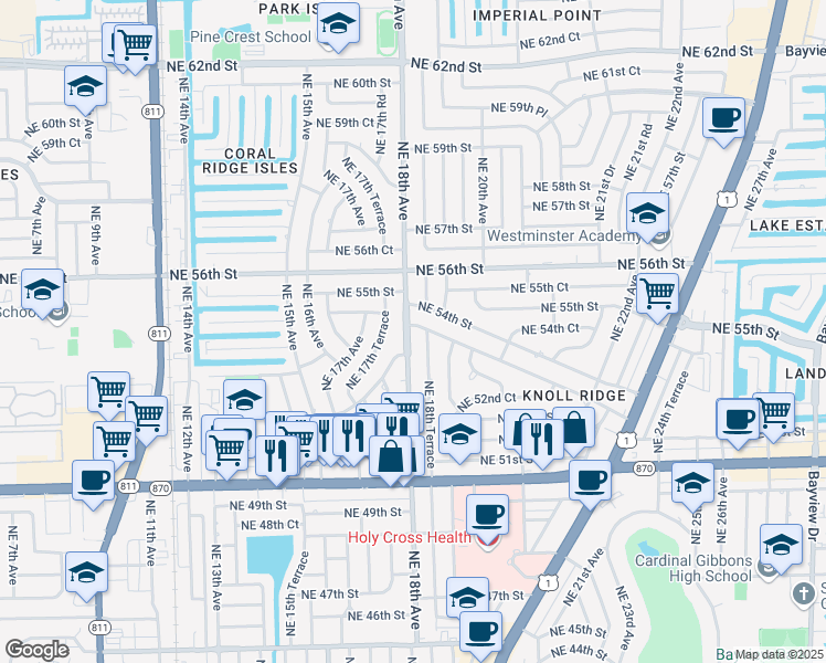 map of restaurants, bars, coffee shops, grocery stores, and more near 1800 Northeast 53rd Street in Fort Lauderdale