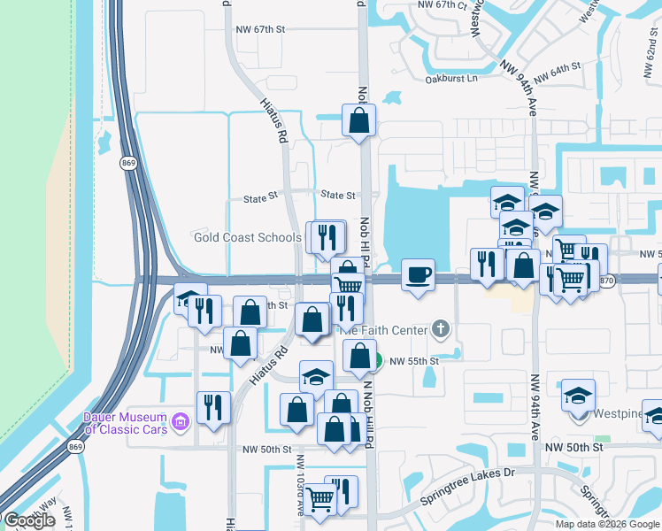 map of restaurants, bars, coffee shops, grocery stores, and more near 10121 West Commercial Boulevard in Tamarac