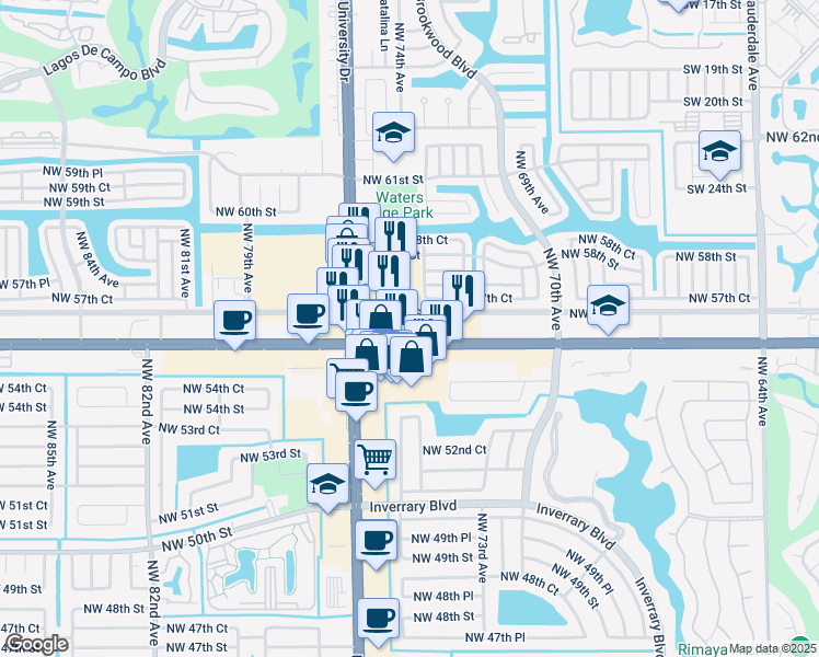 map of restaurants, bars, coffee shops, grocery stores, and more near 7401 West Commercial Boulevard in Tamarac
