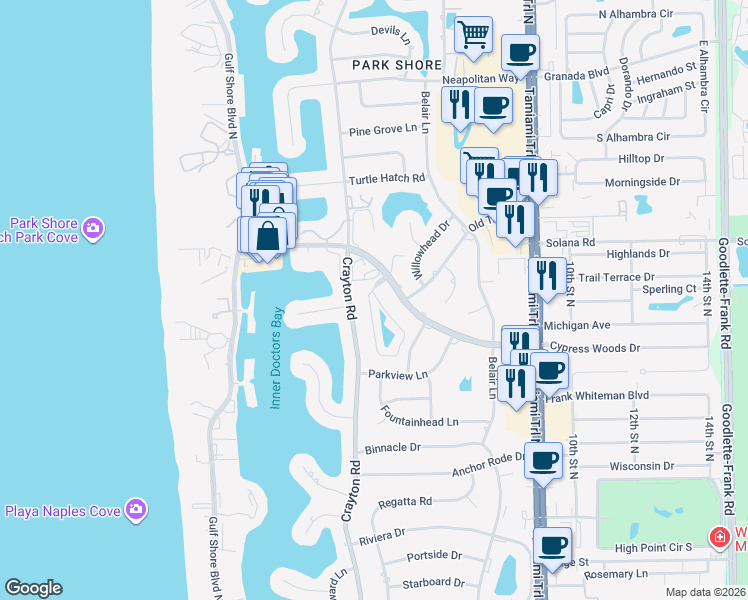 map of restaurants, bars, coffee shops, grocery stores, and more near 550 Park Shore Drive in Naples