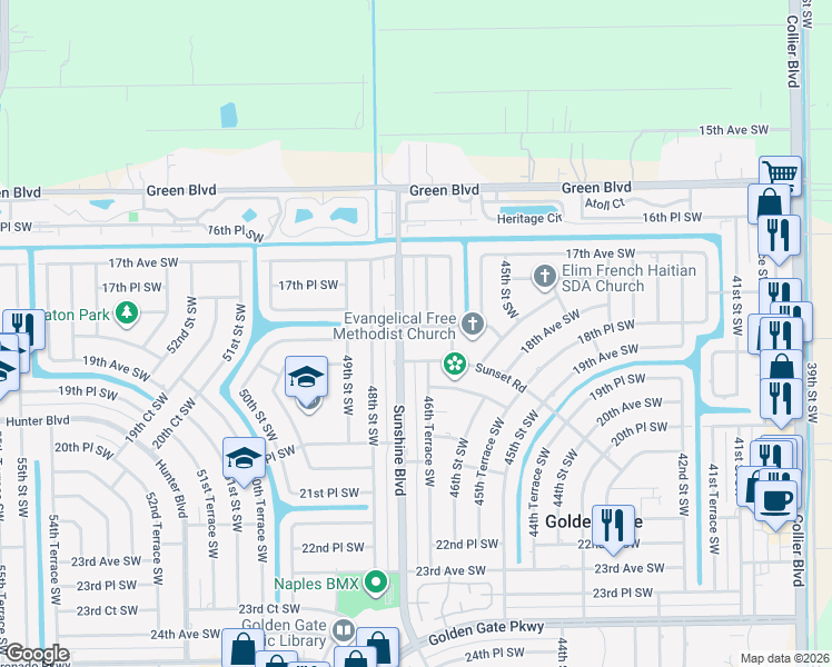 map of restaurants, bars, coffee shops, grocery stores, and more near 1840 18th Place Southwest in Naples