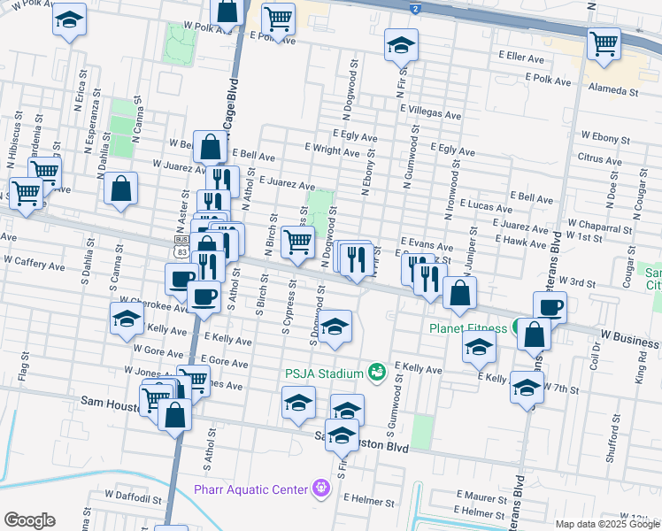 map of restaurants, bars, coffee shops, grocery stores, and more near 110 North Dogwood Street in Pharr