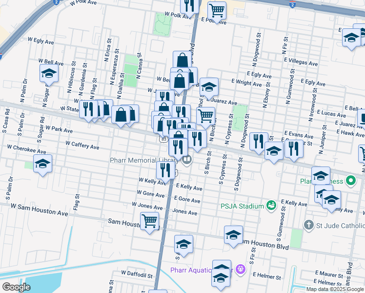 map of restaurants, bars, coffee shops, grocery stores, and more near in Pharr