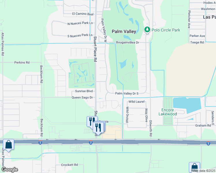 map of restaurants, bars, coffee shops, grocery stores, and more near 130 Palm Valley Drive West in Harlingen