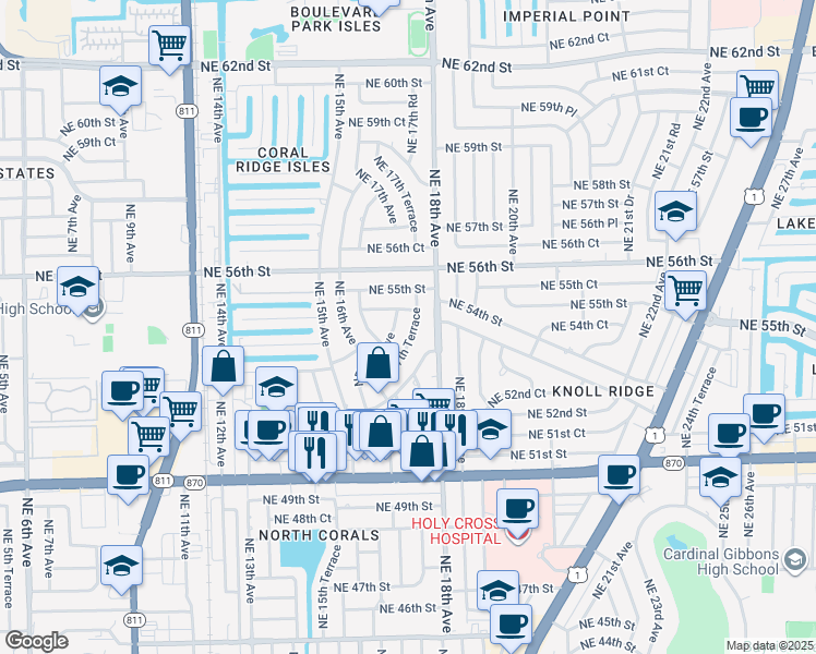 map of restaurants, bars, coffee shops, grocery stores, and more near 5351 Northeast 17th Terrace in Fort Lauderdale