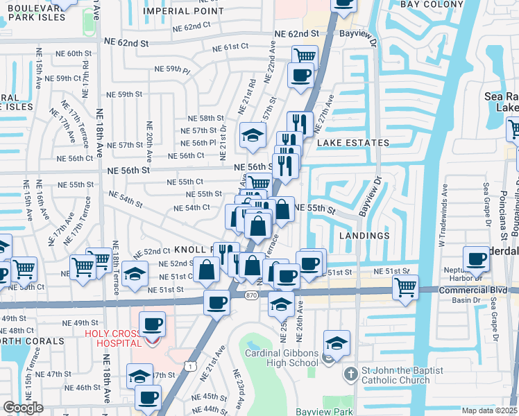 map of restaurants, bars, coffee shops, grocery stores, and more near 16 Northeast 22nd Terrace in Fort Lauderdale