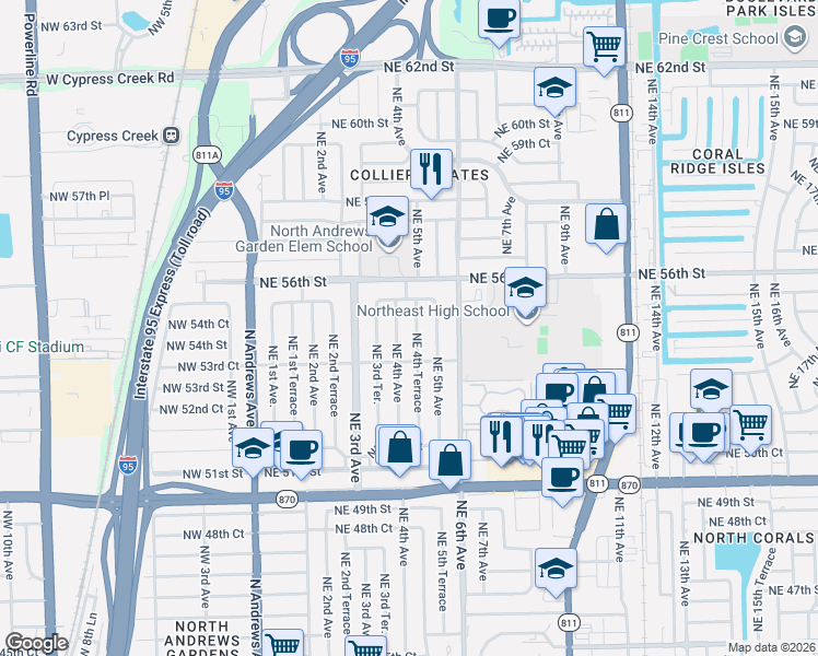 map of restaurants, bars, coffee shops, grocery stores, and more near 5424 Northeast 4th Terrace in Fort Lauderdale