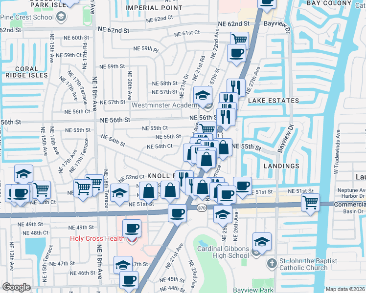 map of restaurants, bars, coffee shops, grocery stores, and more near 5432 Northeast 21st Terrace in Fort Lauderdale