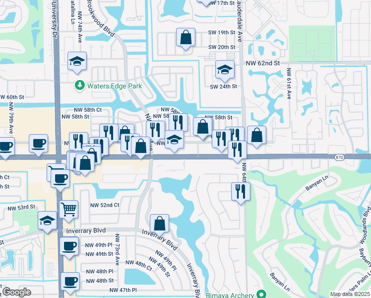 map of restaurants, bars, coffee shops, grocery stores, and more near 6701 West Commercial Boulevard in Tamarac