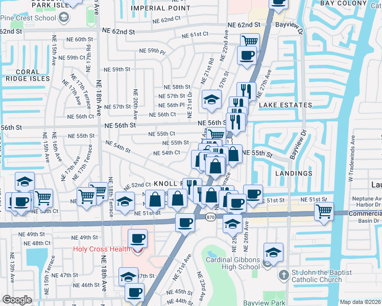 map of restaurants, bars, coffee shops, grocery stores, and more near 5432 Northeast 21st Terrace in Fort Lauderdale