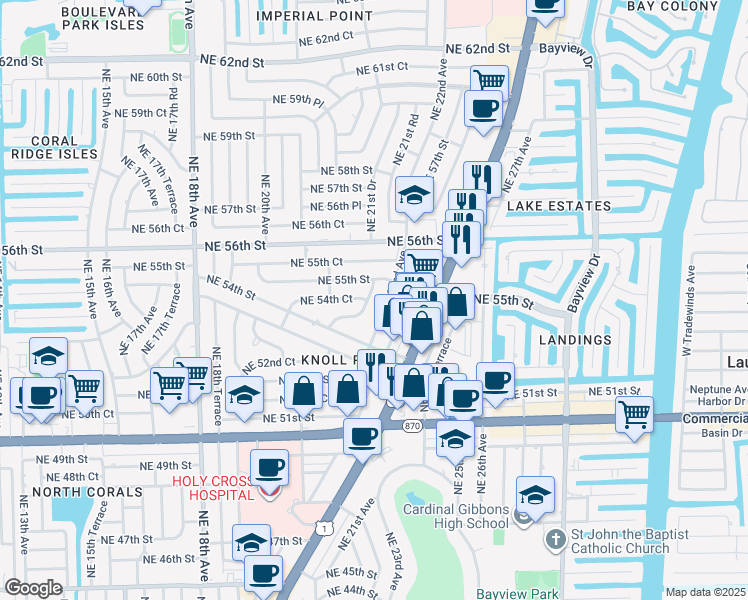 map of restaurants, bars, coffee shops, grocery stores, and more near 5432 Northeast 21st Terrace in Fort Lauderdale