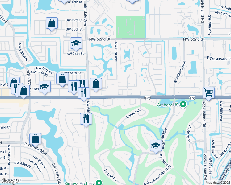 map of restaurants, bars, coffee shops, grocery stores, and more near 6085 West Commercial Boulevard in Tamarac