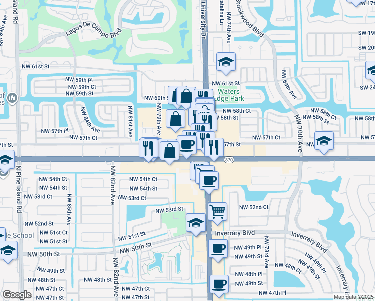 map of restaurants, bars, coffee shops, grocery stores, and more near 7807 West Commercial Boulevard in Tamarac