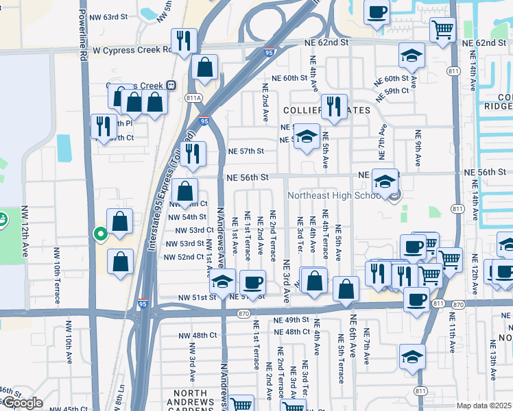 map of restaurants, bars, coffee shops, grocery stores, and more near 5433 Northeast 2nd Avenue in Fort Lauderdale