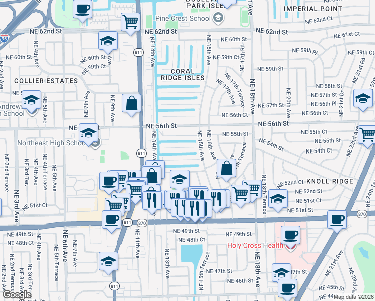 map of restaurants, bars, coffee shops, grocery stores, and more near 1460 Northeast 54th Street in Fort Lauderdale