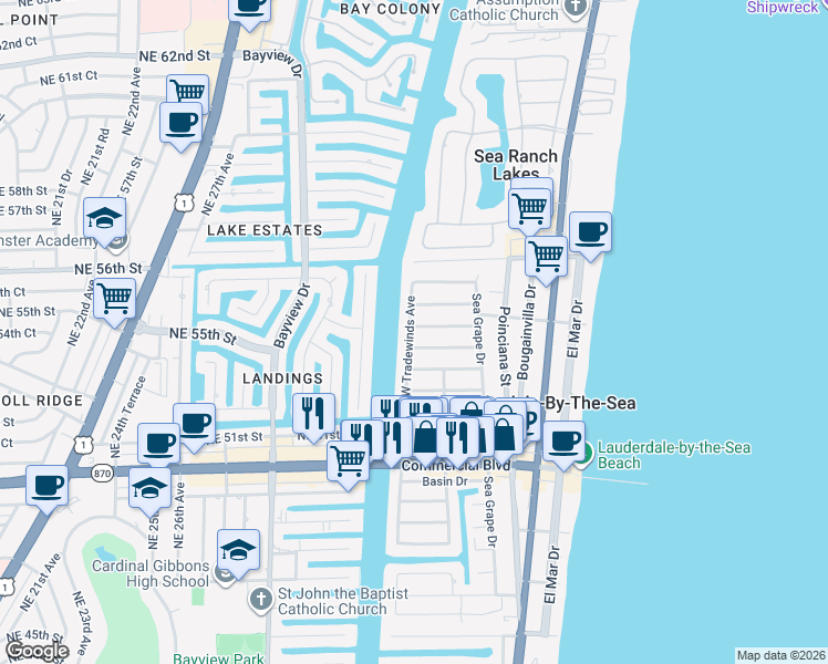 map of restaurants, bars, coffee shops, grocery stores, and more near 4550 Trade Winds Avenue West in Lauderdale-by-the-Sea