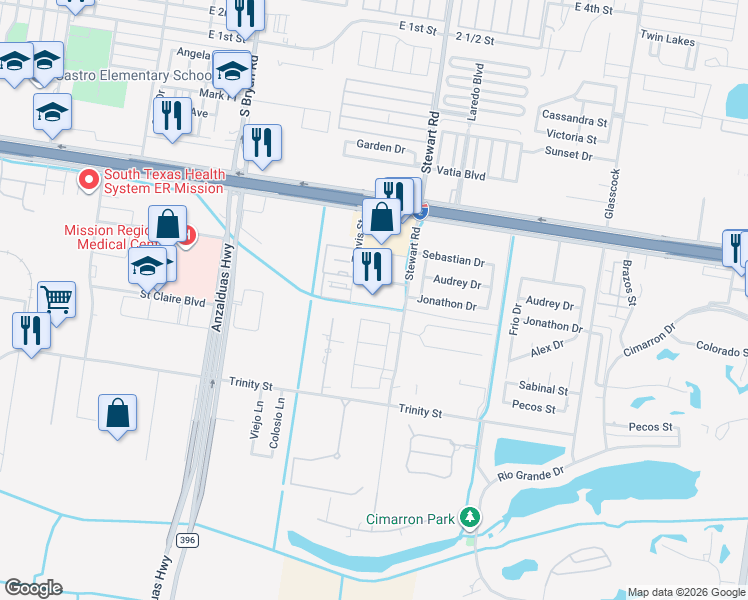 map of restaurants, bars, coffee shops, grocery stores, and more near 901 Travis Street in Mission