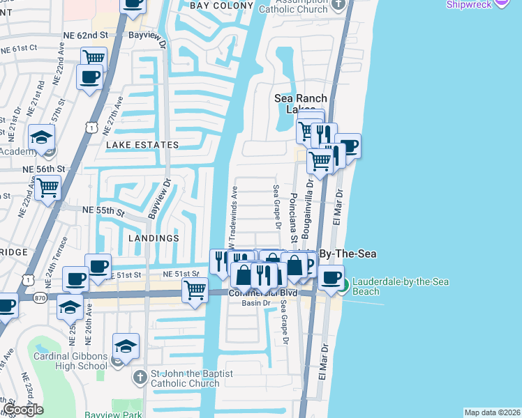 map of restaurants, bars, coffee shops, grocery stores, and more near 242 Lombardy Avenue in Lauderdale-by-the-Sea