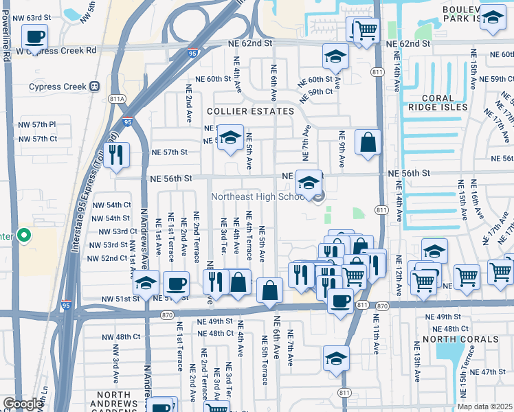 map of restaurants, bars, coffee shops, grocery stores, and more near 5424 Northeast 4th Terrace in Fort Lauderdale